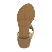 Bottom view of the sole of Beige Gold Trim Rose Diamante T-Bar Stretch Sandals
