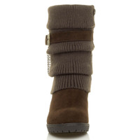 Front view of Brown Suede Mid Heel Wedge Knitted Collar Slouch Ankle Boots