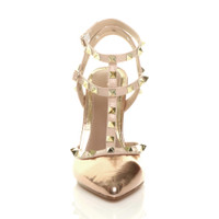 Front view of Rose Gold Patent High Heel Punk Rock Studded T-Bar Strappy Pointed Shoes