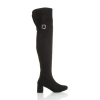 Right side view of Black Suede Mid Block Heel Folding Cuff Over The Knee Boots