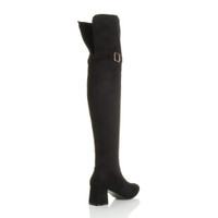 Back right side view of Black Suede Mid Block Heel Folding Cuff Over The Knee Boots