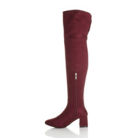 Left side view of Burgundy Suede Mid Block Heel Folding Cuff Over The Knee Boots