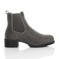 Right side view of Grey Suede Low Block Heel Studded Elastic Chelsea Ankle Boots