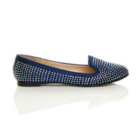 Right side view of Navy Satin Flat Diamante Ballerinas Loafers Shoes