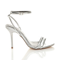 Right side view of Silver PU High Heel Strappy Barely There Ankle Strap Stiletto Sandals