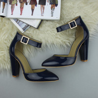 Closeup view of features of Black Patent High Block Heel Ankle Strap Pointed Court Shoes