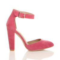 Right side view of Coral Suede High Block Heel Ankle Strap Pointed Court Shoes