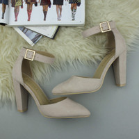 Closeup view of features of Grey Suede High Block Heel Ankle Strap Pointed Court Shoes