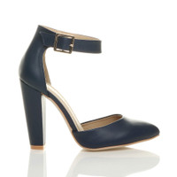 Right side view of Navy PU High Block Heel Ankle Strap Pointed Court Shoes