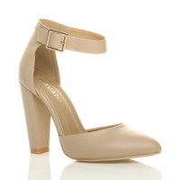 Front right side view of Nude PU High Block Heel Ankle Strap Pointed Court Shoes