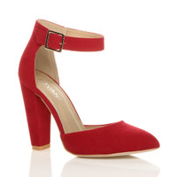Front right side view of Red Suede High Block Heel Ankle Strap Pointed Court Shoes