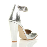 Back right side view of Silver PU High Block Heel Ankle Strap Pointed Court Shoes