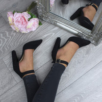 Model wearing Black Suede High Block Heel Ankle Strap Pointed Court Shoes