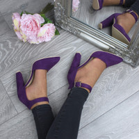 Model wearing Purple Suede High Block Heel Ankle Strap Pointed Court Shoes