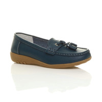 Front right side view of Navy Low Heel Wedge Comfort Boat Shoes Loafers