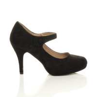 Right side view of Black Suede High Heel Platform Mary Jane Court Shoes