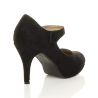 Back right side view of Black Suede High Heel Platform Mary Jane Court Shoes
