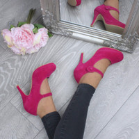 Model wearing Fuchsia Pink Suede High Heel Platform Mary Jane Court Shoes