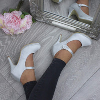 Model wearing Silver Satin High Heel Platform Mary Jane Court Shoes