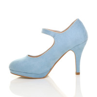 Left side view of Pale Blue Suede High Heel Platform Mary Jane Court Shoes