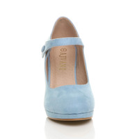 Front view of Pale Blue Suede High Heel Platform Mary Jane Court Shoes