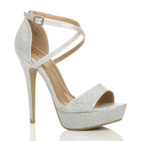 Front right side view of Silver Glitter High Heel Crossed Straps Platform Sandals