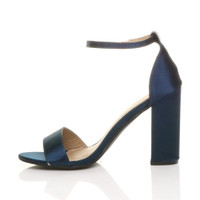 Left side view of Navy Satin High Block Heel Ankle Strap Sandals