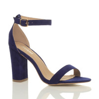 Front right side view of Cobalt Blue Suede High Block Heel Ankle Strap Sandals