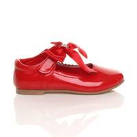 Right side view of Red Patent Childrens Ribbon Bow Scalloped Bridesmaid Mary Jane Shoes