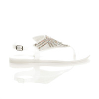 Right side view of White Flat Diamante T-Bar Buckle Jelly Beach Toe Post Sandals