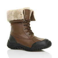 Front right side view of Brown PU Low Heel Winter Snow Ankle Calf Boots