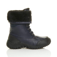 Right side view of Navy PU Low Heel Winter Snow Ankle Calf Boots