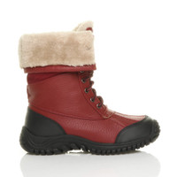 Right side view of Red PU Low Heel Winter Snow Ankle Calf Boots