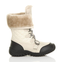 Right side view of Beige PU Low Heel Winter Quilted Ankle Calf Boots