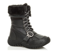 Front right side view of Black PU Flat Winter Snow Calf Boots