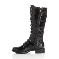 Left side view of Black Patent Low Heel Biker Military Calf Boots