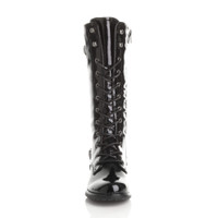 Front view of Black Patent Low Heel Biker Military Calf Boots