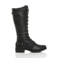 Right side view of Black PU Low Heel Biker Military Calf Boots