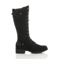 Right side view of Black Suede Low Heel Biker Military Calf Boots