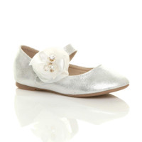 Front right side view of Silver Flat Mary Jane Wedding Bridesmaid Shoes Ballerinas