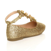 Back right side view of Gold Flat T-Bar Glitter Wedding Bridesmaid Shoes Ballerinas