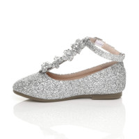 Left side view of Silver Flat T-Bar Glitter Wedding Bridesmaid Shoes Ballerinas