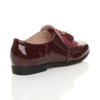 Back right side view of Burgundy Patent Flat Low Heel Tassel Smart Work Shoes Brogues Vintage Style Loafers