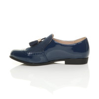 Left side view of Navy Patent Flat Low Heel Tassel Smart Work Shoes Brogues Vintage Style Loafers