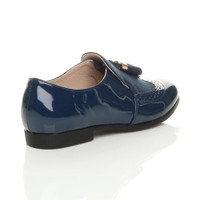Back right side view of Navy Patent Flat Low Heel Tassel Smart Work Shoes Brogues Vintage Style Loafers