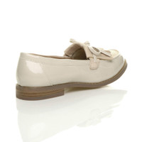 Back right side view of Nude Patent Flat Contrast Fringe Tassel Loafers
