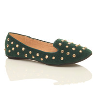 Front right side view of Green Suede Flat Studded Loafers Dolly Shoes