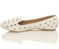 Left side view of White PU Flat Studded Loafers Dolly Shoes