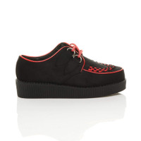 Right side view of Black / Red Suede Low Heel Wedge Platform Brothel Creepers