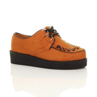Front right side view of Orange Suede Low Heel Wedge Platform Brothel Creepers
